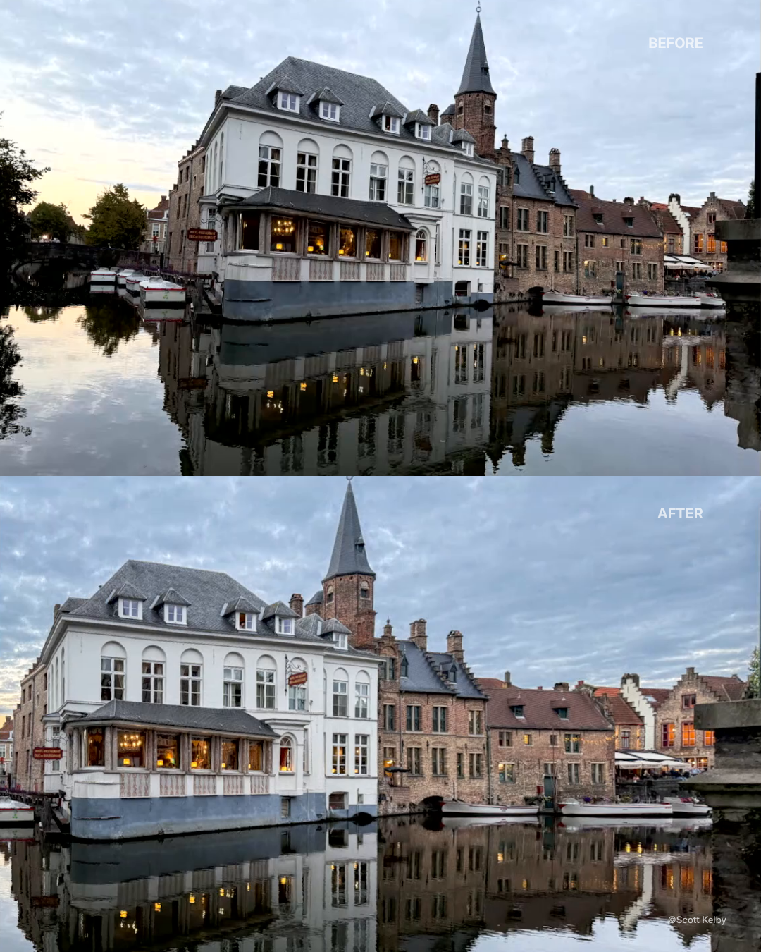 A before-and-after from Scott Kelby's 10 Things You Need to Be Doing in Lightroom course