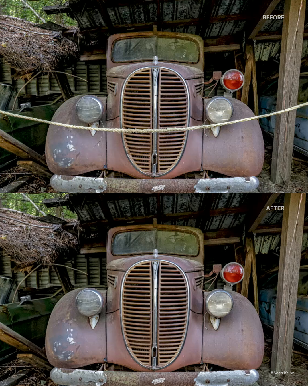 A before-and-after from Scott Kelby's 10 Things You Need to Be Doing in Lightroom course
