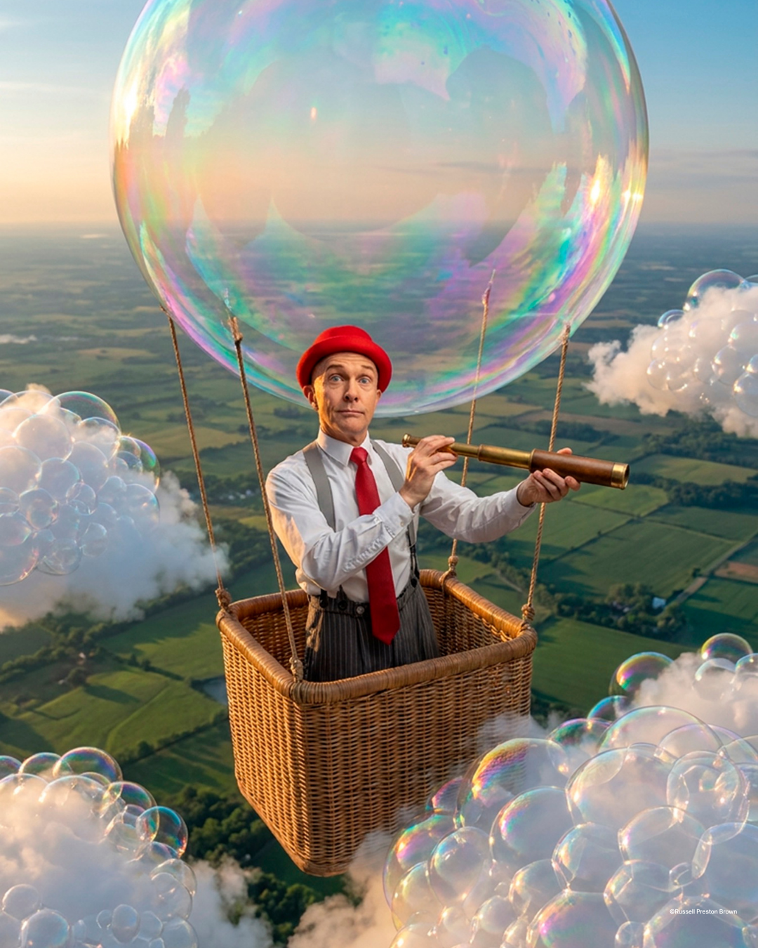 The finished photo illustration: Kirk Marsh in a hot air balloon made from a soap bubble